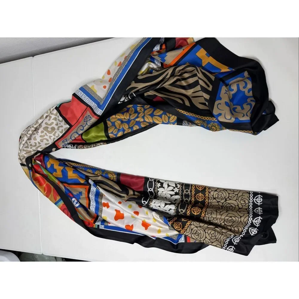 Large Multicolor Bohemian Silk Feel Scarf Patchwork Print Oversized Shawl Wrap